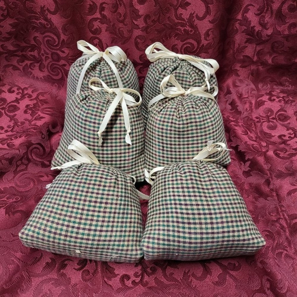 Lot of 6 Green & Purple Plaid Homespun Fabric Cedar Sachet W/ Ribbon Tie 2 & 3 O